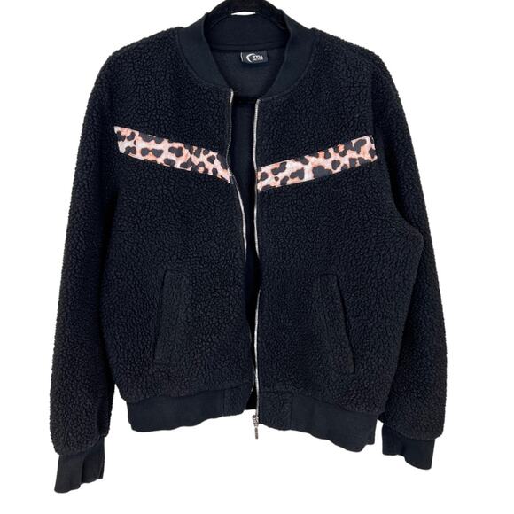 ZYIA Black Leopard Flying V Fleece Jacket Sherpa Teddy Bomber - Picture 5 of 14